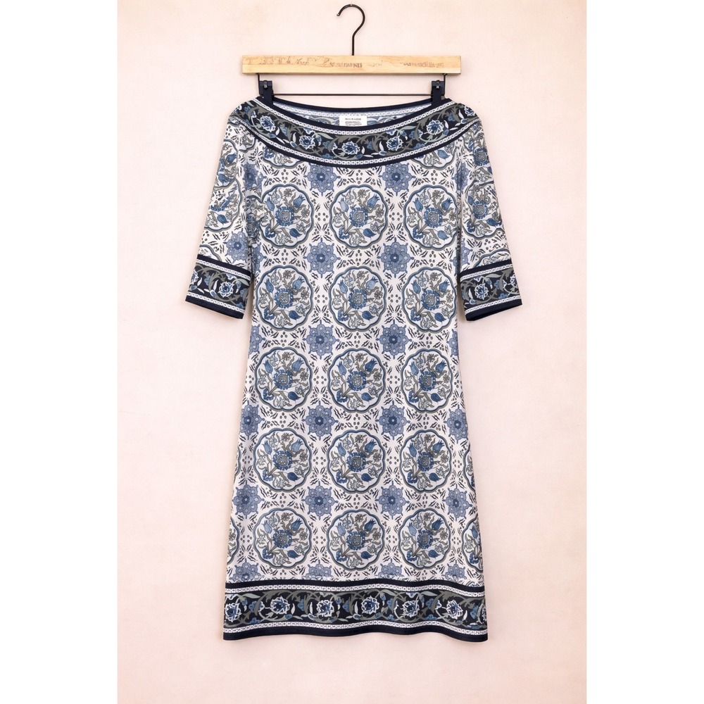 Max Studio Tile Print Dress Womens M Blue White 3/4 Sleeve Shift Boho Medallion